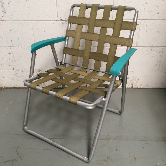CHAIR, Folding Vintage Lawn Chair - Khaki Webbing